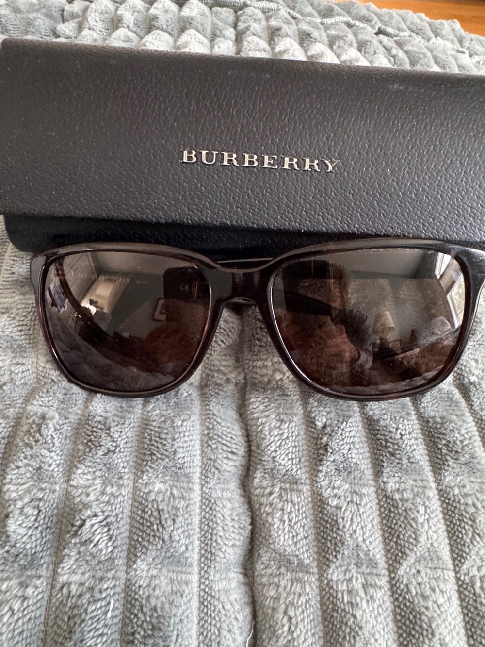 Burberry Dark Brown Oversized Square Sunglasses, signature plaid. Burberry case